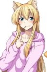  1girl :3 animal_ear_fluff animal_ears bangs blonde_hair blush cat_ears cat_tail collarbone eyebrows_visible_through_hair food highres long_hair looking_at_viewer mouth_hold nokoppa original pocky smile solo tail upper_body white_background 