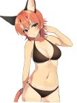  1girl animal_ear_fluff bare_arms bare_legs bare_shoulders bikini black_bikini black_hair blue_eyes caracal_(kemono_friends) caracal_ears caracal_girl caracal_tail collarbone commentary_request cowboy_shot extra_ears eyebrows_visible_through_hair hair_between_eyes kemono_friends long_hair midriff multicolored_hair navel nyanco520 orange_hair sidelocks solo swimsuit tan tanline white_hair 