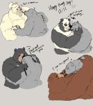  2019 anthro belly black_body black_fur blush brown_body brown_fur butt eyes_closed food fur giant_panda group hi_res hug humanoid_hands kissing male mammal overweight overweight_male pocky polar_bear pure_command ursid ursine white_body white_fur 