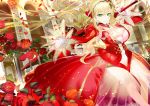  119 1girl aestus_domus_aurea aestus_estus blonde_hair breasts cleavage dress fate/extra fate_(series) flower green_eyes hairband highres holding holding_sword holding_weapon light_smile long_hair looking_at_viewer nero_claudius_(fate) nero_claudius_(fate)_(all) outstretched_arm over_shoulder red_dress revision rose see-through solo sword very_long_hair weapon weapon_over_shoulder 