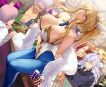 animal_ears artoria_pendragon_(all) artoria_pendragon_(swimsuit_ruler)_(fate) bangs bare_shoulders blonde_hair blue_legwear breasts bunny_ears bunnysuit casino casino_card_table character_request cleavage detached_collar fate_(series) feather_boa fishnets green_eyes hair_between_eyes indoors large_breasts leotard long_hair looking_at_viewer mash_kyrielight necktie pantyhose ponytail satou_daiji sidelocks sitting white_leotard wrist_cuffs 