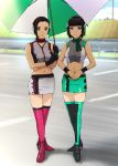  2girls alternate_costume aqua_hair black_gloves black_hair blue_eyes bow breasts crop_top expressionless gloves hands_together high_heels highres humagear_headphones izu_(kamen_rider_01) kamen_rider_01_(series) large_breasts lipstick makeup midriff multicolored_hair multiple_girls navel parasol pink_legwear race_queen racetrack robot_ears shester_(kamen_rider_01) shiny shiny_clothes short_hair skirt sleeveless smile thighhighs two-tone_hair ueyama_michirou umbrella 