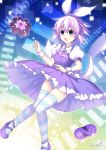  1girl alice_in_wonderland artist_name binato_lulu bow breasts commentary dress eyebrows_visible_through_hair floating hair_between_eyes hair_ornament neptune_(neptune_series) neptune_(series) open_mouth panties puffy_short_sleeves puffy_sleeves purple_eyes purple_hair purple_theme ribbon short_hair short_sleeves small_breasts striped striped_legwear striped_panties thighhighs underwear wrist_cuffs 