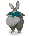  anthro belly belly_overhang big_belly big_butt butt claws clothed clothing fur grey_body grey_fur lagomorph leporid love_handles male mammal midriff moobs navel obese obese_male overweight overweight_male simple_background solo standing thick_thighs tight_clothing toe_claws torn_clothing weight_gain white_background wide_hips worried yolany 