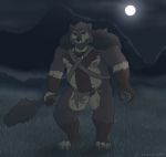  absurd_res animal_skin blue_eyes body_hair claws clothing club_(weapon) eyebrows facial_piercing hi_res loincloth male mammal melee_weapon musclegut night nipples nose_piercing nose_ring outside piercing solo thick_eyebrows tooth_necklace unpopularwolf ursid ursine wardrobe_malfunction weapon 