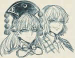  2girls bangs commentary_request eyebrows_visible_through_hair greyscale grin junko_(touhou) kazami_yuuka long_hair looking_to_the_side monochrome multiple_girls necktie portrait short_hair smile space_jin touhou 