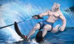 2019 anthro black_claws bottomwear canid canine canis chunie claws clothed clothing detailed_background digital_media_(artwork) fur gloves handwear hi_res looking_aside male mammal muscular muscular_male navel open_mouth outside shorts smile solo tongue topless water water_skiing white_body white_fur wolf 