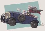  2girls :d azur_lane bangs bare_shoulders belfast_(azur_lane) black_coat black_legwear black_neckwear black_skirt breasts car character_request cleavage coat cocoadrive convertible driving eyebrows_visible_through_hair floating_hair frills ground_vehicle hat hat_removed headwear_removed holding holding_hat large_breasts long_hair long_sleeves looking_at_viewer maid_headdress miniskirt motor_vehicle multiple_girls necktie open_clothes open_coat open_mouth outstretched_arm pleated_skirt purple_eyes shirt silver_hair skirt smile standing swept_bangs thighhighs two-tone_background underbust vehicle_request very_long_hair white_shirt zettai_ryouiki 