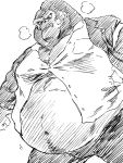  annoyed anthro ape belly belly_jiggle big_belly black_and_white clothed clothing fur gorilla haplorhine inugokudo male mammal monochrome moobs navel obese obese_male overweight overweight_male primate simple_background solo straining_buttons white_background 