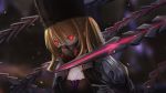  1girl blonde_hair breasts cleavage code_vein commentary fur_hat gas_mask glowing glowing_eyes hair_between_eyes hat highres lunar_insanity mia_karnstein red_eyes shoulder_armor small_breasts solo tail twintails vampire weapon 
