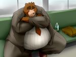  anthro belly belly_overhang big_belly blush bottle briefcase brown_bear brown_body brown_fur clothed clothing crossed_arms daitai_tekisuto embarrassed fur male mammal necktie obese obese_male overweight overweight_male sitting solo suit ursid ursine wide_hips 