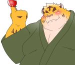  absurd_res anthro apple asian_clothing belly blush chubby_cheeks clothed clothing east_asian_clothing eating eyes_closed felid food fruit fur hi_res holding_food holding_object japanese_clothing male mammal moobs orange_body orange_fur overweight overweight_male pantherine plant puss3250 simple_background smile solo teeth tiger white_background yukata 