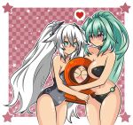  1boy 2girls bikini black_heart blush breast_press breasts closed_eyes closed_mouth collar crossover green_eyes green_hair green_heart hair_ornament heart_bubbles jechibi-kun kenny_mccormick large_breasts long_hair multiple_girls neptune_(series) one-piece_swimsuit open_eyes parody ponytail purple_eyes shiny shiny_skin silver_hair south_park swimsuit symbol-shaped_pupils twintails 
