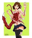  5_fingers absurd_res body_horror bottomwear brown_hair clothed clothing female fingers gore green_eyes hair hi_res humanoid juliantheturtle kyoko_(juliantheturtle) looking_at_viewer monster monstrous_humanoid nightmare_fuel not_furry panties skirt solo tentacles topless underwear 
