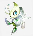  :o blue_eyes celebi clothed_pokemon drawstring full_body gen_2_pokemon green_footwear hood hood_down hoodie leg_up legendary_pokemon long_sleeves newo_(shinra-p) pokemon pokemon_(creature) print_hoodie shoe_soles shoes sneakers solo white_hoodie 