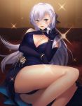  1girl 3ri10te alternate_costume azur_lane bare_legs bed belfast_(azur_lane) belfast_(the_noble_attendant)_(azur_lane) black_panties blue_dress blue_eyes blue_gloves blush bracelet breasts center_opening chain cleavage cup dress drinking_glass elbow_gloves flower gloves hair_between_eyes hair_ribbon indoors jewelry large_breasts legs_together lips long_hair looking_at_viewer open_mouth panties pillow ribbon silver_hair solo sparkle spill thighs underwear wine_glass 