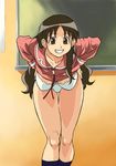  alternate_costume azumanga_daiou bad_proportions black_hair black_legwear bra breasts brown_eyes chalkboard cirima classroom cosplay grin hanging_breasts indoors kneehighs large_breasts leaning_forward legs lingerie long_hair long_sleeves no_pants panties school_uniform shirt_lift smile socks solo standing tanizaki_yukari teacher thigh_gap thighs underwear undressing very_long_hair white_bra white_panties 