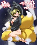  barefoot blonde_hair blush bottomless breasts cleavage covered_nipples feet fox_tail highres hood hoodie ikuta_takanon kyuubi large_breasts multiple_tails no_panties solo tail touhou yakumo_ran yellow_eyes 