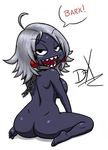  ahoge ass black_skin breasts chain chain_chomp collar earrings eyebrows jewelry large_breasts looking_back nintendo nude personification sideboob silver_hair solo teeth 