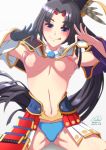  1girl :p armor armpits ass_visible_through_thighs black_hair blue_eyes blush breasts fate/grand_order fate_(series) hat irc lifted_by_self long_hair looking_at_viewer navel nipples scalizo_art side_ponytail smile solo spread_legs tongue tongue_out ushiwakamaru_(fate/grand_order) very_long_hair 