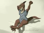  2019 4_fingers 4_toes anthro blush bottomless brown_body brown_scales bryce_daeless claws clothed clothing dewclaw digital_media_(artwork) fangs fingers green_eyes grey_clothing grey_shirt grey_topwear hi_res horn kobold male scales shirt simple_background sitting smile solo stretching t-shirt tan_body tan_scales theandymac toes topwear wide_hips 
