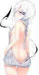  1girl ass bangs bare_back bare_shoulders blue_eyes blush breasts commentary_request cowboy_shot dress from_behind grey_sweater hair_between_eyes hair_ornament hairclip highres looking_at_viewer looking_back meme_attire naked_sweater no_bra no_panties original otokuyou parted_lips ringo-chan_(otokuyou) short_hair sideboob simple_background sleeveless sleeveless_turtleneck small_breasts sweater sweater_dress thigh_gap turtleneck virgin_killer_sweater white_hair white_legwear 