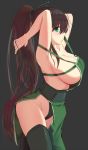  1girl akali arched_back armpits arms_behind_head arms_up black_background black_legwear black_panties breasts brown_hair chinese_commentary cleavage closed_mouth collarbone commentary_request cowboy_shot dress from_side green_dress green_eyes green_ribbon hair_flowing_over hair_ribbon hands_in_hair high_ponytail highleg highleg_panties highres hip_focus large_breasts league_of_legends leaning_forward long_hair long_ponytail looking_at_viewer no_gloves panties pantyshot pantyshot_(standing) pao_mian+dan ribbon sideboob sidelocks simple_background sleeveless sleeveless_dress solo standing strap tabard thighhighs thighs underwear very_long_hair 