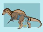  absurd_res armor bottomwear clothed clothing dinosaur gun hi_res jewelry leather ranged_weapon reptile scalie simple_background skirt spinosaurid spinosaurus sunbull theropod weapon 