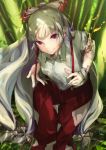 1girl baggy_pants bamboo bamboo_forest bangs bow burning burning_clothes burnt_clothes clenched_teeth collared_shirt commentary_request dappled_sunlight day eyebrows_visible_through_hair fire floating_hair forest from_above fujiwara_no_mokou grass hair_bow highres hime_cut knee_up l!bra long_hair looking_at_viewer nature ofuda ofuda_on_clothes outdoors pants red_bow red_eyes red_pants shirt sidelocks sitting smile solo sunlight suspenders suspenders_pull teeth torn_clothes touhou very_long_hair white_bow white_hair white_shirt 
