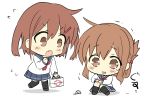  2girls black_legwear blue_sailor_collar box brown_hair commentary_request fang first_aid_kit folded_ponytail hair_ornament hairclip highres hizuki_yayoi ikazuchi_(kantai_collection) inazuma_(kantai_collection) injury kantai_collection kneehighs long_hair multiple_girls neckerchief red_neckwear rock sailor_collar school_uniform serafuku short_hair simple_background skin_fang standing tearing_up thighhighs watery_eyes wavy_hair white_background 