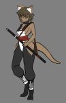  anthro aquapaulo beatriz_(aquapaulo) black_nose breasts brown_body brown_fur brown_hair cleavage clothed clothing collar ear_tuft eyelashes fangs female fur grey_background hair hand_on_hip hi_res kangaroo katana looking_at_viewer macropod mammal marsupial melee_weapon pose sash scabbard scowl sheathed_weapon short_hair side_boob simple_background solo standing sword thick_tail tuft weapon 
