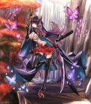  1girl asagik23 black_legwear breasts bug butterfly hair_ornament highres houchi_shoujo insect japanese_clothes katana large_breasts long_hair original red_eyes skirt sword weapon 