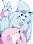  2019 areola armless big_areola big_breasts blue_areola blue_body blue_hair blue_skin blush breasts female fluffbug gesture hair hatterene hi_res humanoid long_hair midriff navel nintendo not_furry peace_sign_(disambiguation) pink_body pink_skin pok&eacute;mon unknown_pok&eacute;mon v_sign video_games 