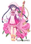  1girl :o apron bangs black_hair blush boots braid brown_footwear commentary_request eyebrows_visible_through_hair flower flower_knight_girl frilled_skirt frills full_body hair_between_eyes heart holding long_hair long_sleeves looking_at_viewer object_namesake official_art parted_lips pink_apron pink_flower puffy_long_sleeves puffy_sleeves purple_eyes purple_skirt shirt sidelocks simple_background skirt sleeves_past_wrists socks solo twin_braids usashiro_mani verbena_(flower_knight_girl) very_long_hair watermark white_background white_legwear white_shirt 