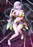  1girl absurdres arachne blush breasts bug chain cleavage highres insect_girl japanese_clothes large_breasts legs lips monster_girl original red_eyes short_hair silk spider spider_girl thighs user_amwg5747 