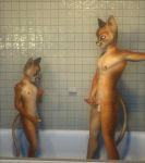  3d_(artwork) age_difference akuma_caracal anthro bad_parenting caracal caracal_(genus) digital_media_(artwork) duo erection eric_caracal father father_and_child father_and_son felid feline littlefisky mammal masturbation muscular nipples nude parent parent_and_child penis shower size_difference son young 