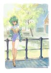  blue_eyes bridge circlet cup curly_hair dragon_quest dragon_quest_iv drink drinking_straw ebira fence full_body green_hair heroine_(dq4) high-waist_shorts holding holding_cup looking_to_the_side off-shoulder_jacket off_shoulder outdoors short_hair shorts slime_(dragon_quest) standing tree 