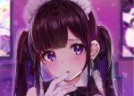  1girl bangs blurry blurry_background blush brown_hair commentary_request eyebrows_visible_through_hair face gloves looking_at_viewer maid maid_headdress official_art open_mouth original purple_eyes rouka_(akatyann) solo twintails white_gloves 