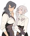  2girls alternate_costume alternate_hairstyle black_gloves black_hair blue_eyes blush breasts byleth_(fire_emblem) byleth_(fire_emblem)_(female) cowboy_shot edelgard_von_hresvelg embarrassed face-to-face fire_emblem fire_emblem:_three_houses food garreg_mach_monastery_uniform gloves hand_on_own_chin long_hair long_sleeves looking_at_another medium_breasts mouth_hold multiple_girls neckerchief pocky pocky_day pocky_kiss profile purple_eyes radiostarkiller shirt shoulder_strap side_ponytail silver_hair simple_background skirt sleeves_rolled_up sweatdrop turtleneck white_background yuri 