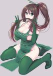  1girl akali ass boots breasts brown_hair chinese_commentary cleavage collarbone commentary_request dress elbow_gloves full_body gloves green_dress green_eyes green_footwear green_gloves green_ribbon grey_background hair_in_mouth hair_ribbon hands_up heart high_ponytail highres hip_focus invisible_floor kneeling large_breasts league_of_legends long_hair long_ponytail looking_at_viewer pao_mian+dan ribbon sideboob sidelocks simple_background sitting skindentation sleeveless sleeveless_dress solo tabard thigh_boots thighhighs thighs v very_long_hair 