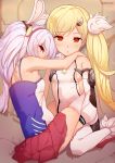  2girls animal_ears azur_lane bangs bare_shoulders blonde_hair blush breasts bunny_ears commentary deru06 eldridge_(azur_lane) eyebrows_visible_through_hair hair_between_eyes hair_ornament hairband highres holding laffey_(azur_lane) long_hair looking_at_viewer multiple_girls ponytail red_eyes red_skirt silver_hair skirt small_breasts twintails white_legwear 