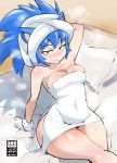  1girl animal_ears arm_behind_head arm_up bath bayeuxman bed blue_hair breasts commentary english_commentary eyebrows_visible_through_hair genderswap genderswap_(mtf) gloves green_eyes highres humanization looking_at_viewer naked_towel sitting smile sonic sonic_the_hedgehog sonic_the_hedgehog_(movie) spiked_hair thick_thighs thighs towel white_gloves 