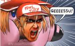  ! 2019 alien ambiguous_gender archdanmiiverse blonde_hair blue_eyes close-up clothing cosplay crossover dialogue english_text fatal_fury gloves grey_background grey_eyes hair handwear hat headgear headwear human humor in_mouth kirby kirby_(series) long_hair male mammal nintendo not_furry open_mouth pink_body pink_skin ponytail red-tongue simple_background snk tan_body tan_skin teeth terry_bogard text tongue video_games waddling_head what yelling 
