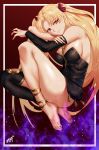  1girl asymmetrical_legwear asymmetrical_sleeves bangs barefoot between_breasts black_legwear blonde_hair breasts cape detached_collar ereshkigal_(fate/grand_order) eyebrows_visible_through_hair fate/grand_order fate_(series) hair_ribbon highres jewelry kisaragi_(legobionicle23) long_hair looking_at_viewer medium_breasts necklace parted_bangs red_cape red_eyes red_ribbon ribbon single_sleeve single_thighhigh skull smile solo spine thighhighs tiara two_side_up very_long_hair 