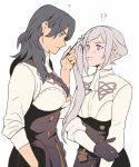  !? 2girls ? alternate_costume alternate_hairstyle black_gloves black_hair blue_eyes blush breasts byleth_(fire_emblem) byleth_(fire_emblem)_(female) cowboy_shot edelgard_von_hresvelg embarrassed face-to-face fire_emblem fire_emblem:_three_houses food garreg_mach_monastery_uniform gloves long_hair long_sleeves looking_at_another medium_breasts multiple_girls neckerchief pocky pocky_day pocky_kiss profile purple_eyes radiostarkiller shirt shoulder_strap side_ponytail silver_hair simple_background skirt sleeves_rolled_up turtleneck white_background yuri 