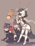  3girls antelope_ears antelope_horns apron australian_devil_(kemono_friends) bare_shoulders black_apron black_cape black_hair black_legwear black_neckwear black_shirt black_skirt blackbuck_(kemono_friends) bow bowtie brown_eyes brown_gloves cape center_frills commentary_request detached_sleeves extra_ears eyebrows_visible_through_hair eyepatch fangs gloves hair_over_one_eye hammer highres kemono_friends kolshica long_sleeves medical_eyepatch multicolored_hair multiple_girls no_shoes open_mouth pantyhose pleated_skirt polearm puffy_shorts red_eyes shirt short_hair shorts skirt spear spoken_x tasmanian_devil_(kemono_friends) tasmanian_devil_ears tasmanian_devil_tail thighhighs weapon white_hair white_legwear white_shirt zettai_ryouiki 