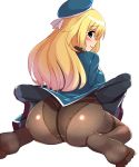  1girl ass ass_focus atago_(kantai_collection) beret blonde_hair blue_eyes blush breasts eyebrows_visible_through_hair hat kantai_collection kurokoshou_(emuburemu123) large_breasts long_hair looking_at_viewer military military_uniform panties panties_under_pantyhose pantyhose simple_background sitting smile soles solo underwear uniform wariza white_background 