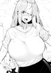  1girl bangs_pinned_back breasts doodle folded_hair glasses greyscale gym_uniform hair_pulled_back highres inne_sulistya_robin large_breasts monochrome norman_maggot open_mouth original outdoors running shirt short_sleeves sweat t-shirt teacher 