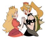  2girls :d absurdres blonde_hair blue_eyes bowsette dress eye_contact fang high_ponytail highres holding_hands kendy_(revolocities) lipstick looking_at_another makeup mario_(series) multiple_girls new_super_mario_bros._u_deluxe open_mouth ponytail princess_peach shell simple_background smile super_crown teeth white_background yuri 