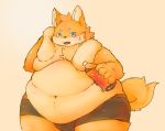  anthro belly belly_overhang beverage blush canid canine clothed clothing fur hi_res holding_beverage holding_object love_handles male mammal moobs navel obese obese_male open_mouth orange_body orange_fur overweight overweight_male solo topless towel towel_around_neck wide_hips ガブ 